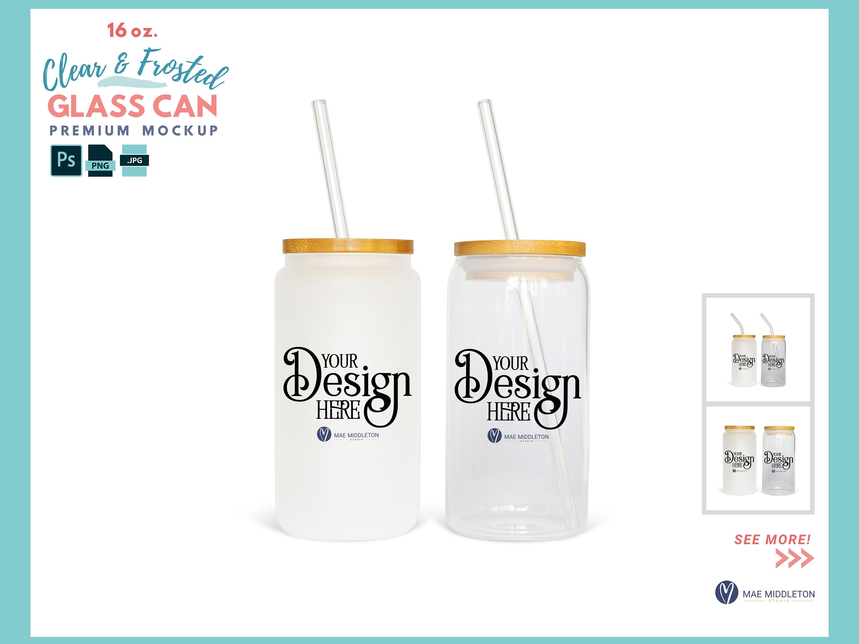 16 oz. Frosted and Clear Glass Cans Mockup | PSD, png, jpg files | UV DTF Wrap Beer Glass Cans Mock up