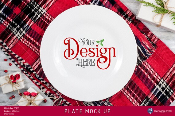 Plate Mock up for Christmas, Holiday styled stock photo. High-res JPEG
