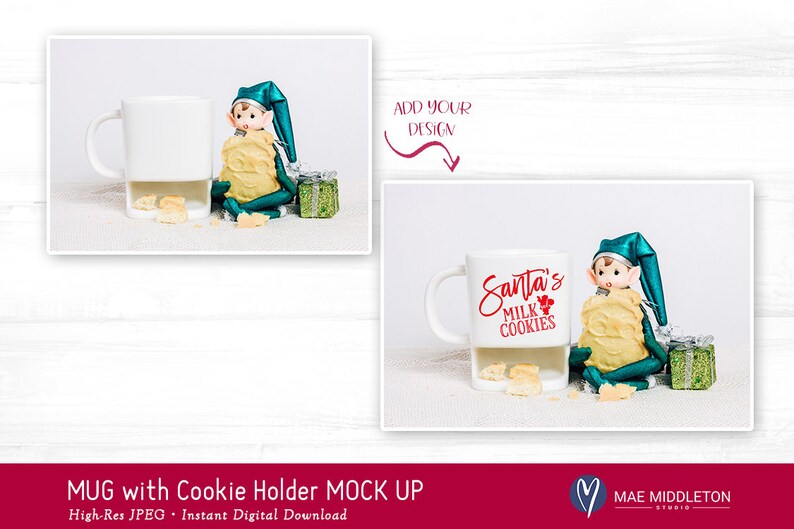 Puede incluir: Taza de cer&aacute;mica blanca con un soporte para galletas, con el texto "Santa's Milk & Cookies" en rojo. Un peque&ntilde;o mu&ntilde;eco de elfo sostiene una galleta y est&aacute; sentado junto a la taza.