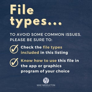 May include: A navy blue graphic with the words "File types..." in a light yellow font. The text below advises to check file types and know how to use the file in the app or graphics program. The Mae Middleton Studio logo is at the bottom.