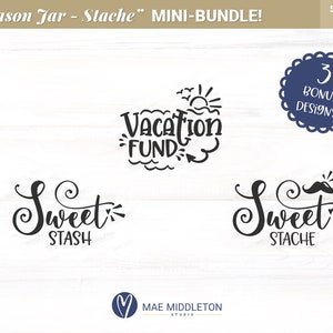 以下が含まれることがあります： クラフト用の白黒のSVGカットファイル3つのデジタルダウンロード。デザインには「Sweet Stash」、「Sweet Stache」、「Vacation Fund」が含まれています。