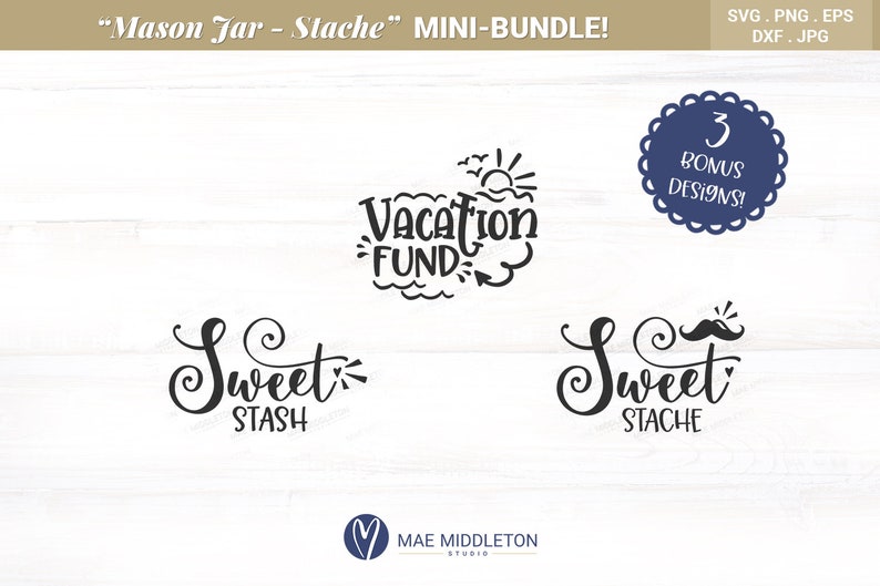 以下が含まれることがあります： クラフト用の白黒のSVGカットファイル3つのデジタルダウンロード。デザインには「Sweet Stash」、「Sweet Stache」、「Vacation Fund」が含まれています。