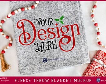 Blanket Christmas Mockup | *JPEG file*, Flat Lay Photo of Fleece Throw Blanket and Wrapped Gift