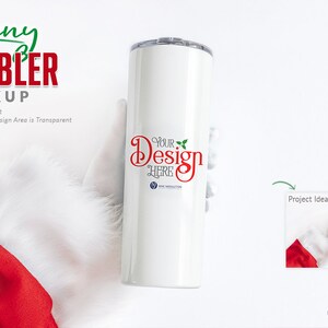 May include: A white skinny tumbler mockup with the text "Your Design Here" in red. The image includes the text "Skinny Tumbler Mockup" and "PSD Smart Object". A small image shows a design idea.