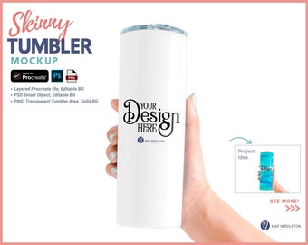 Mano sosteniendo un vaso flaco / Mockup - Procreate, PSD, png / UV DTF, Mock up de sublimación para vaso de 20 oz