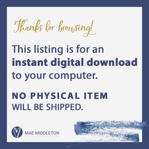 May include: A digital download listing announcement with text in a white box against a dark blue background. The text reads "Thanks for browsing!" and "This listing is for an instant digital download to your computer. NO PHYSICAL ITEM WILL BE SHIPPED."