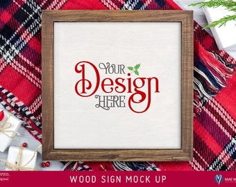 Christmas Mock Up Ingelijst houten bord op rode geruite deken - gestileerde stockfotografie, hi-res JPEG-bestand