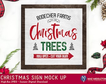 Christmas Wood Sign Mock up, Holiday styled photo, winter product photography. 2versions! White-washed center or Stained Wood, High-res JPEG