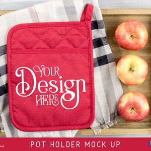 Pot Holder Mock up, styled stock photo for Fall / Autumn, Thanksgiving, Christmas, harvest - with apples on tray - High-res JPEG file