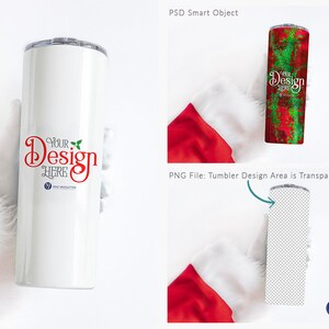 May include: A white skinny tumbler mockup with a silver lid. The tumbler has a red and green design on the right side. The text "Your Design Here" is in red script. The image also includes a red and white Santa hat.