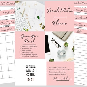 Könnte beinhalten: Ein rosa-weißer druckbarer Social-Media-Planer mit dem Text "Grow Your Reach" und "Social Media Planner". Der Planer enthält Abschnitte zur Definition Ihrer Zielgruppe, was Sie posten sollten, einen Bildgrößenleitfaden, die Organisation von Beiträgen, Best Practices für Social Media und einen 30-Tage-Social-Media-Kalender.