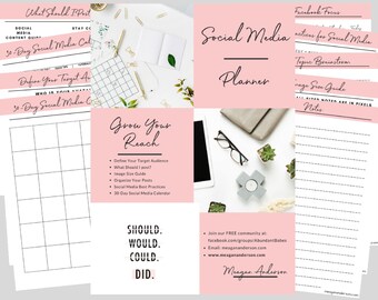Könnte beinhalten: Ein rosa-weißer druckbarer Social-Media-Planer mit dem Text "Grow Your Reach" und "Social Media Planner". Der Planer enthält Abschnitte zur Definition Ihrer Zielgruppe, was Sie posten sollten, einen Bildgrößenleitfaden, die Organisation von Beiträgen, Best Practices für Social Media und einen 30-Tage-Social-Media-Kalender.