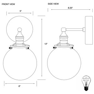 May include: A black and white line drawing of a wall sconce with two globe-shaped light fixtures. The sconce is 12 inches tall, 8.25 inches wide, and 6 inches in diameter. The sconce has a metal base and a metal arm that extends from the wall. The sconce is designed to hold a standard light bulb.