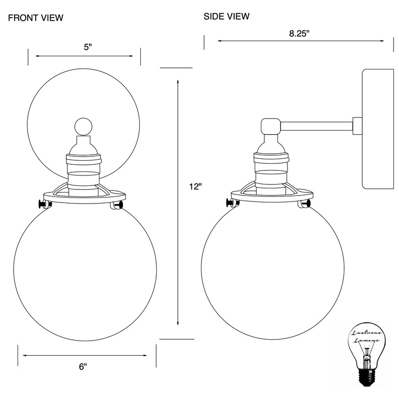 May include: A black and white line drawing of a wall sconce with two globe-shaped light fixtures. The sconce is 12 inches tall, 8.25 inches wide, and 6 inches in diameter. The sconce has a metal base and a metal arm that extends from the wall. The sconce is designed to hold a standard light bulb.