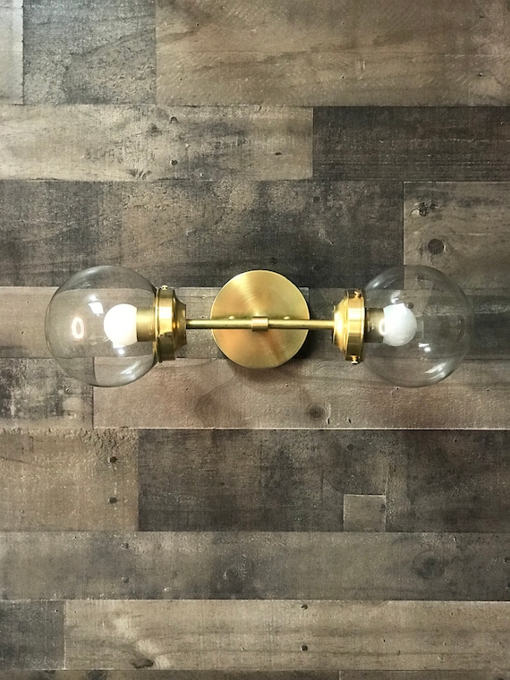 Gold Raw Brass Modern Mid Century Wall Sconce Industrial 2 Light 6 Inch Clear Globes Vanity Light