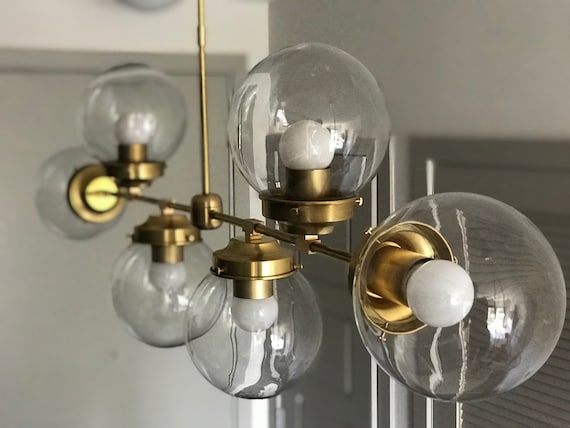 Ayaka Or Brut En Laiton Lustre Moderne 6 Bras Multi Lumiere Clair Globes Spoutnik Mid Century Industriel Suspendus Lumieres