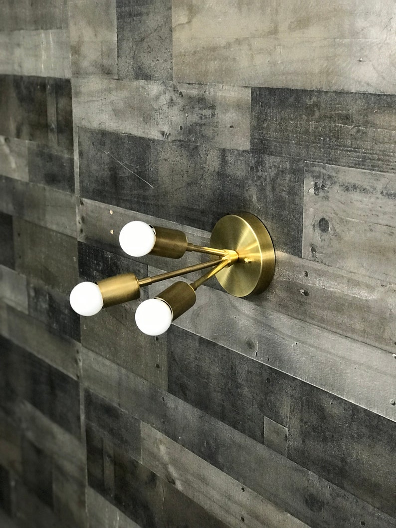 Gold Raw Brass Modern 3 Bulb Sputnik Mid Century Industrial Vanity Bathroom Light