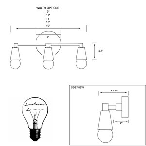 May include: A three-light bathroom vanity light fixture with a brushed nickel finish and clear glass shades. The fixture is 5 inches wide and 4.5 inches tall. The light bulbs are not included. The fixture is shown in a side view with a 4-1/8 inch projection from the wall.