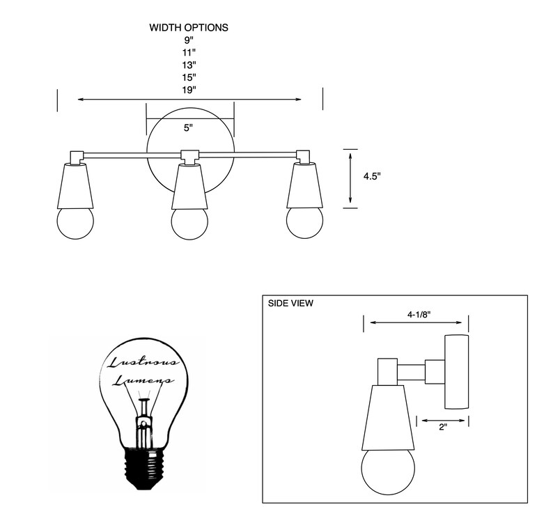 May include: A three-light bathroom vanity light fixture with a brushed nickel finish and clear glass shades. The fixture is 5 inches wide and 4.5 inches tall. The light bulbs are not included. The fixture is shown in a side view with a 4-1/8 inch projection from the wall.