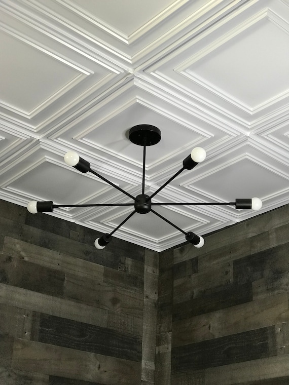 Matte Black Modern Chandelier Mid Century Industrial Large 6 Bulb Ceiling Light