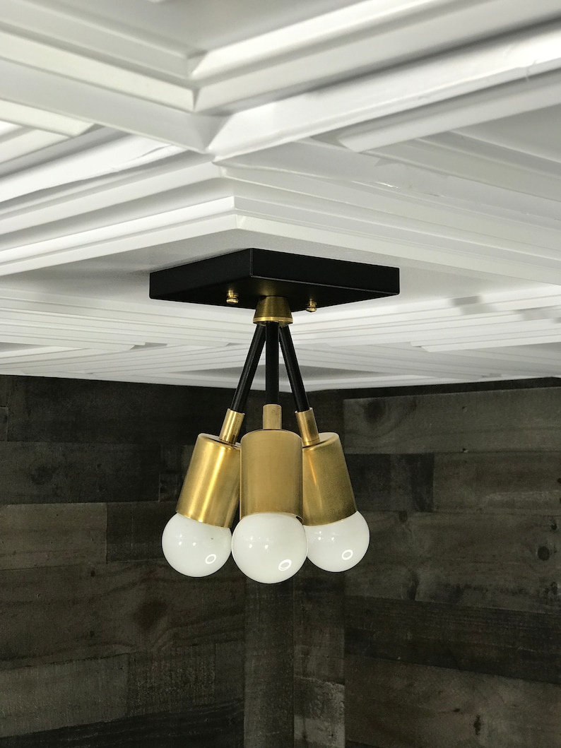 Hera Modern 3 Light Mid Century Semi Flush Black and Brass