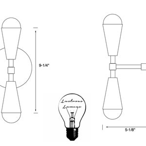 以下が含まれることがあります： 2つの電球が付いた壁掛け照明の白黒の線画。照明器具は高さ9-1/4インチ、幅5-1/8インチです。電球は涙のしずく型で、透明なガラスのデザインです。照明器具は壁に取り付けられています。