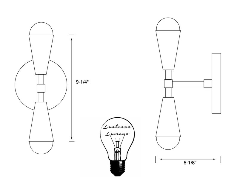 以下が含まれることがあります： 2つの電球が付いた壁掛け照明の白黒の線画。照明器具は高さ9-1/4インチ、幅5-1/8インチです。電球は涙のしずく型で、透明なガラスのデザインです。照明器具は壁に取り付けられています。