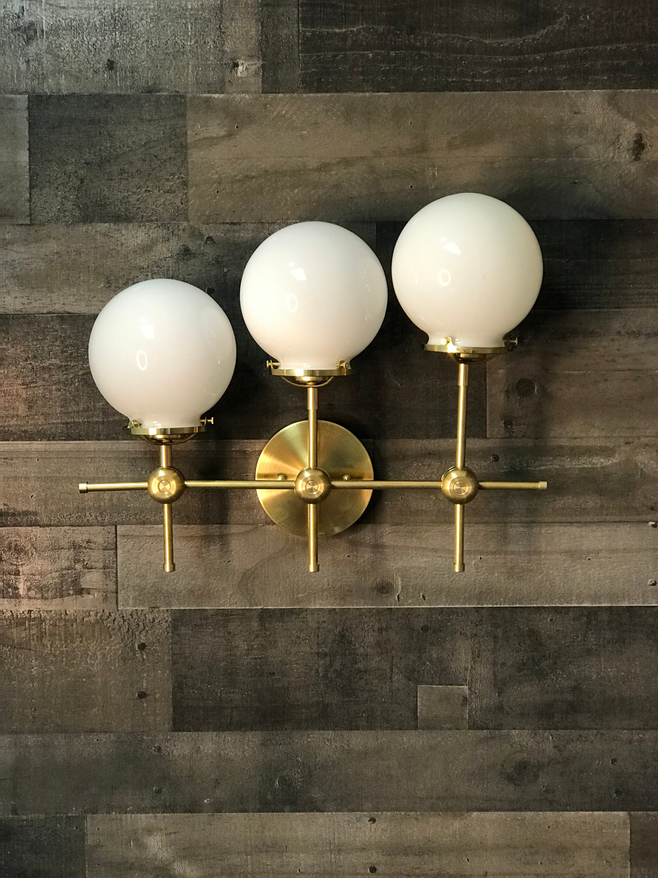 Gold Raw Brass Modern Mid Century Wall Sconce Industrial 2 Light 6 Inch Clear Globes Vanity Light