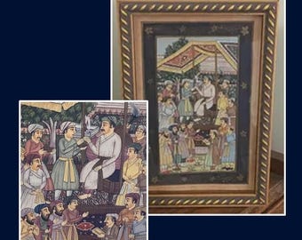 Vintage Indian Mughal Miniature Painting, Court Scene Under Canopy, Gold Rope Frame (8.25" x 5.75")