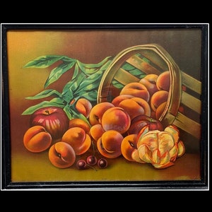 Peaches, Druck von James Lee, Chicago, Antike Stillleben mit Pfirsichen im Korb, restaurierter Holzrahmen, 1905