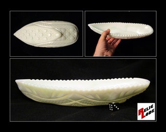 Vintage Milk Glass Boat Dish, Daisy Button Pattern, Relish Bowl