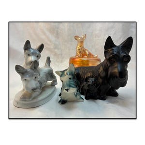 Vintage 4 Piece Scotty Dog Collector Set incl Scottish Terrier Ceramic Figurines & Carnival Glass Trinket Dish. Vintage Scotty Dogs.
