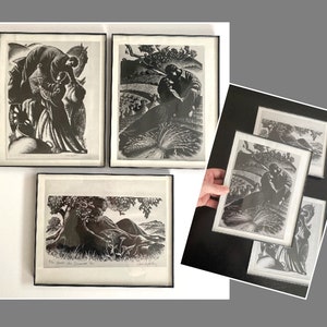 Three Clare Leighton 1940 Photographs of Woodcut Prints, Black Frames