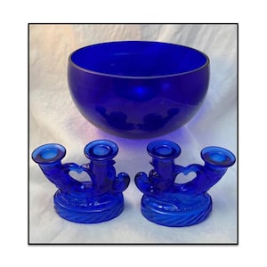 Cobalt Glass Lot, 9.5" Console Bowl + Pair Radiance-Style Double Candlesticks, Blue Depression Glass Set