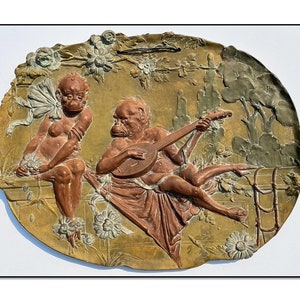 Chimpanzee Serenade, Antique Austrian Terracotta Relief Plaque by Ernst Wahliss, Art Nouveau Wall Art, Made in Vienna, Austria, circa 1900