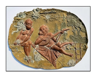 Art Nouveau Terracotta Relief Plaque: Ernst Wahliss, Chimpanzee Serenade,  Austria, c1900