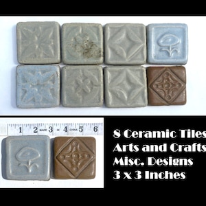 8 Antique Arts and Crafts Tiles, Miscellaneous Colors & Patterns, 3 x 3 Inch Ceramic Tiling, circa 1900