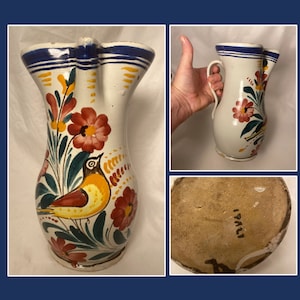 Antique Italian Majolica Pitcher, 9.5 Inch, Hand Painted Bird and Flower Design, Pinched Spout w Blue Stripe Jug, Made in Italy