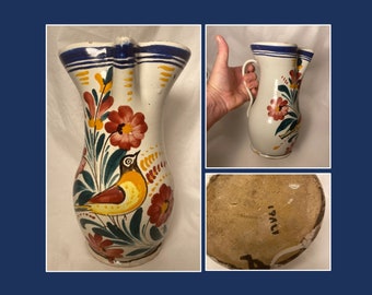 Antique Italian Majolica Pitcher: Hand-Painted Bird & Flower Design