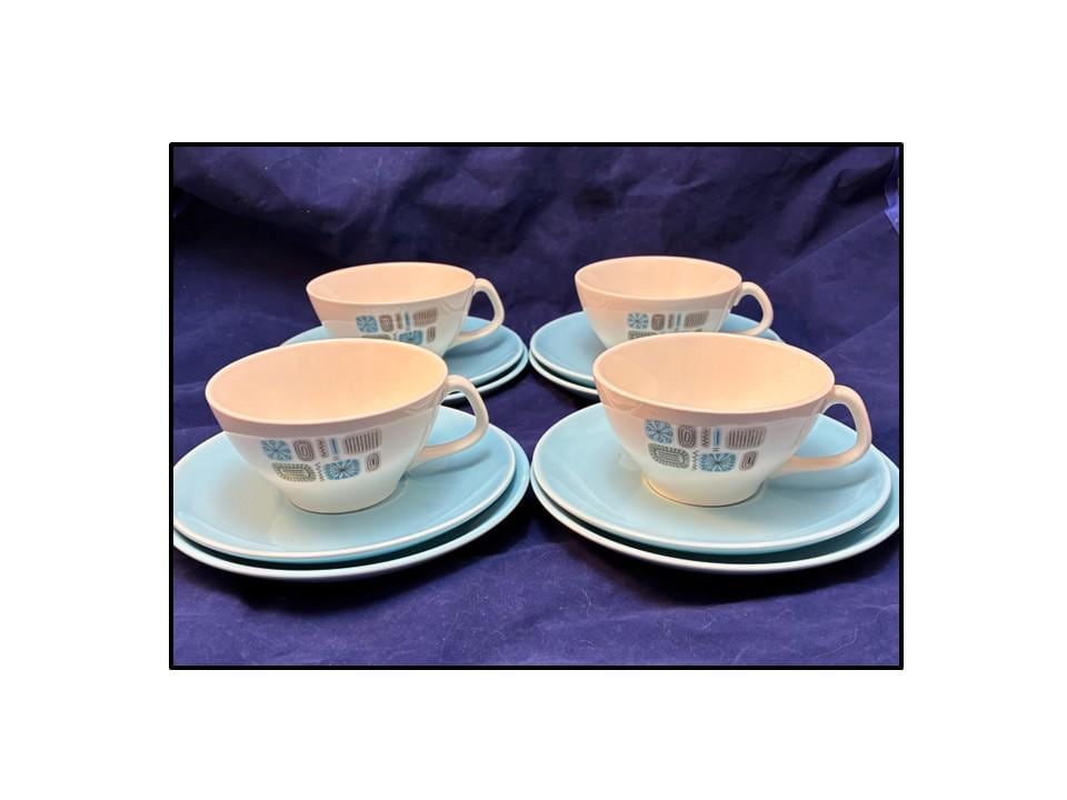 Canonsburg Temporama Cup & Saucer Set w Bread and Butter Plates, Luncheon Set w 4 Settings, Dura Gloss, Mid Century Modern Atomic Pattern