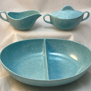 Melamine Cream and Sugar w Divided Dish Set, Blue and White Speckled Confetti Melamine, Mid-Century Modern Kitchenware