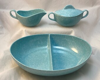 Mid-Century Modern Melamine Cream, Sugar, and Divided Serving Set