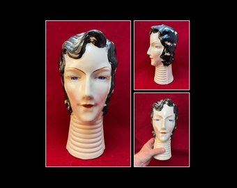 Art Deco Flapper Head Vase / Hat Stand circa 1930, 9.75 Inches Tall, Made in Japan, Scarce Collectible