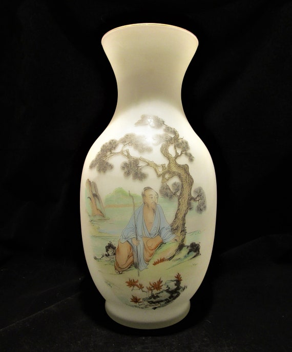 Vintage Norleans Frosted Glass Vase Bristol Glass Style White Satin Vase With Asian Scene Made In Italy Fine Art Ceramics Art Collectibles Commentfer Fr