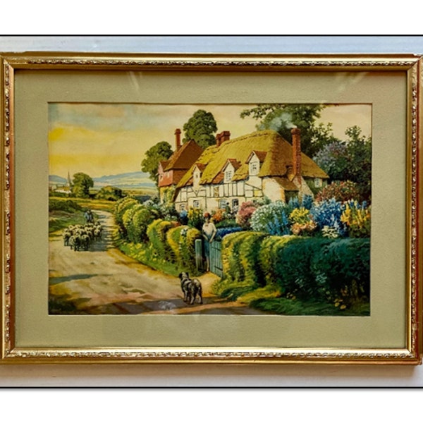 Frank Corbin Price, The Winding Road Lithograph in Refurbished Original Frame, Cottage Garden Print, circa 1920s