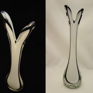 Scandinavian Art Glass, Vintage Sommerso Vase, Blown Glass Duckling Næbvase Vase, White Purple Black, Unmarked Studio Glass