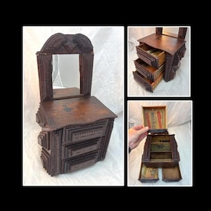Tramp Art  | Chipped Wood Jewelry Trinket Box w Mirror |  Miniature Dresser Box | American Cigar Box Folk Art