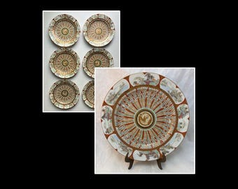 Nippon Nakamura Thousand Faces Porcelain Plate Set, Six 9.5 Inch Plates, circa 1900