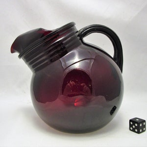 Ruby Red Tilt Ball Pitcher by Anchor Hocking, Pitcher w Horizontal Ribs on Neck, Juice Pitcher Size, Vintage Red Pitcher