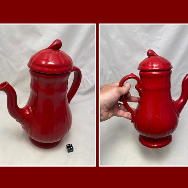 Red Cantagalli Coffee Pot. Mid Century Glazed Firenze Terracotta, Made in Florence, Italy.